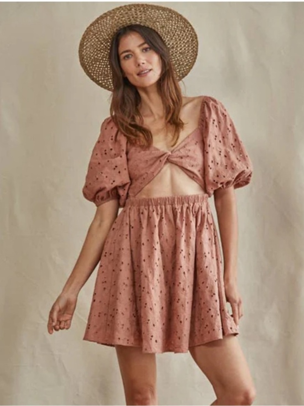 NWT By Together Ebba Eyelet Cutout Puff Sleeve Mini Dress in Mauve